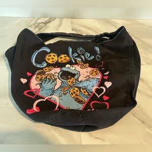 Canvas Cookie Monster Heart Print Shoulder Bag - Black